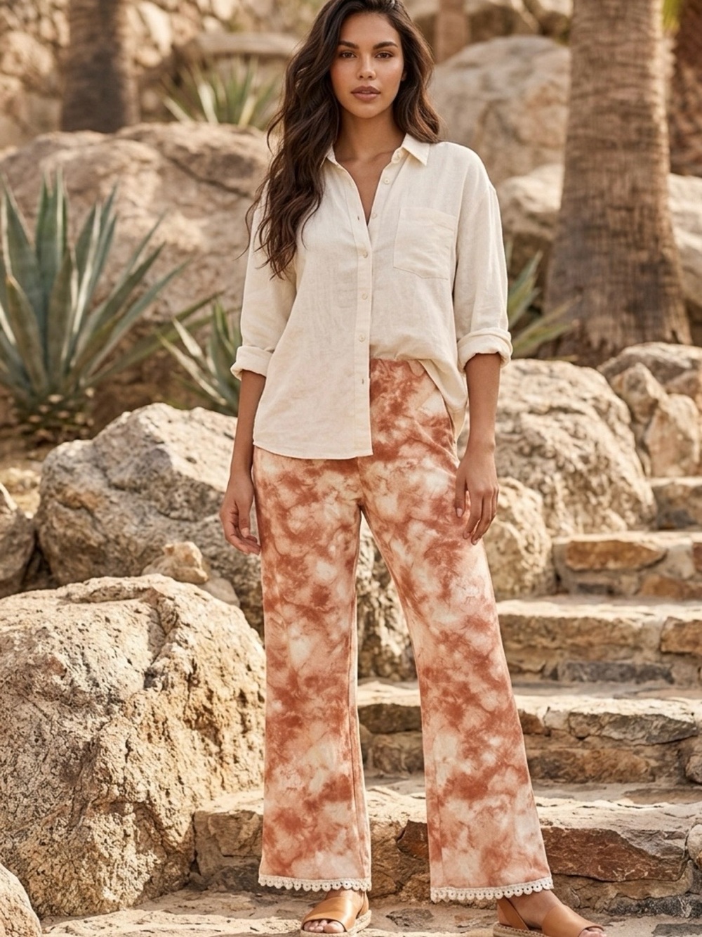 Joe B Rust & Cream Tie-Dye Wide-Leg Pants with Lace Trim